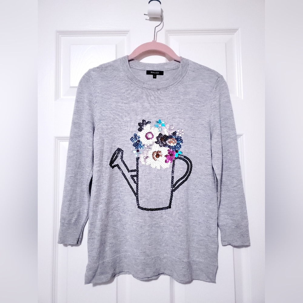 RW&Co sequin watering can lightweight spring sweater S grey cystal embellished